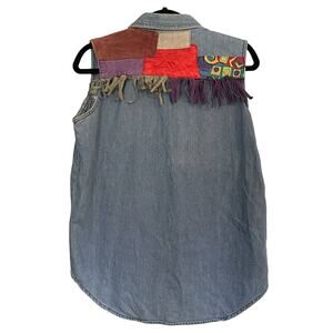 Seruchi Denim Top Sleeveless‎ Button Up Patchwork Fringes Vintage Women’s M